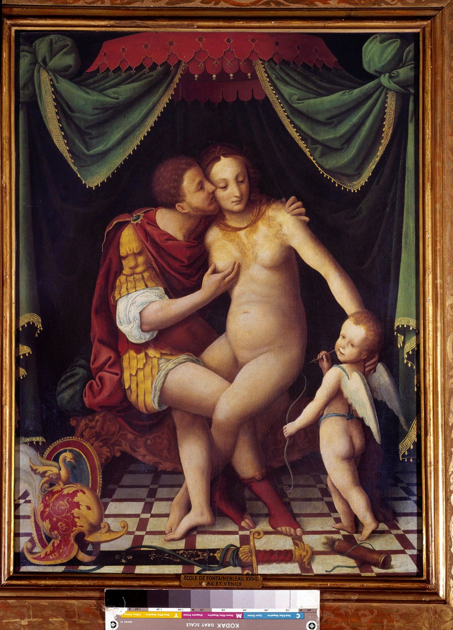Venus und Mars Darstellung der beiden Götter beim Küssen. Malerei der Schule von Fontainebleau, 16. Jahrhundert von Fontainebleau School