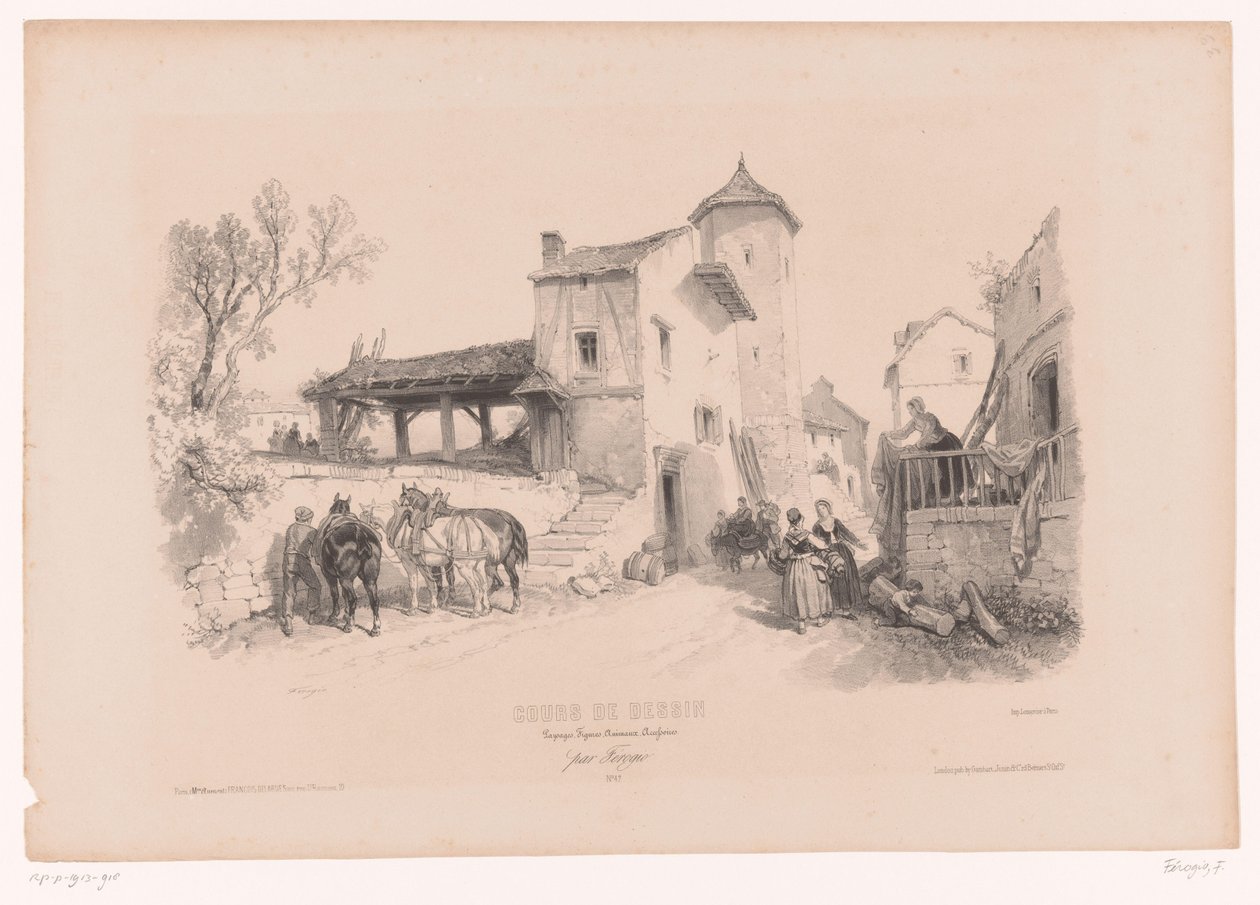 Dorfstraße mit Pferden und verschiedenen Figuren von Fortuné Ferogio