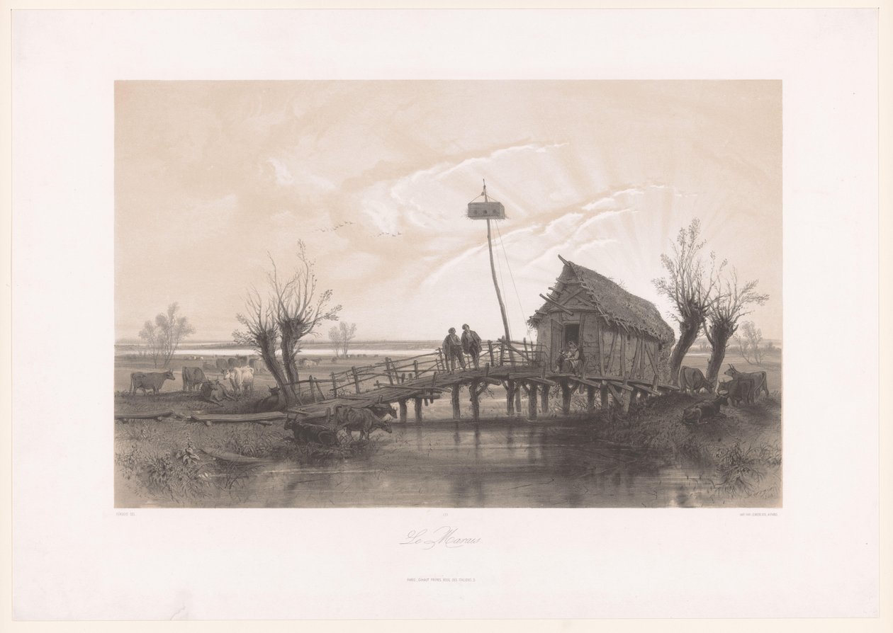 Moorlandschaft mit Kühen und Figuren bei einem Haus mit Brücke von Fortuné Ferogio