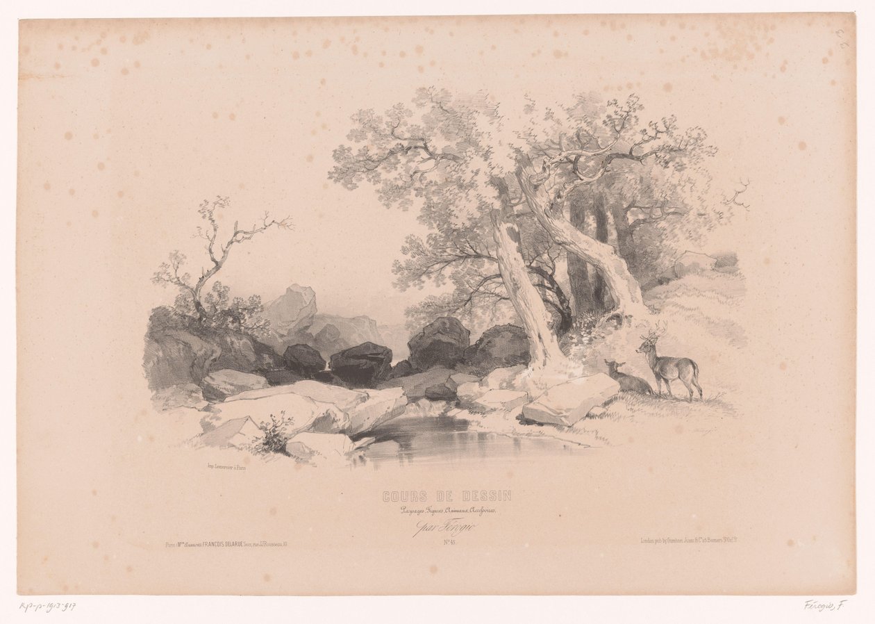 Felsenlandschaft mit Wasser und zwei Hirschen von Fortuné Ferogio