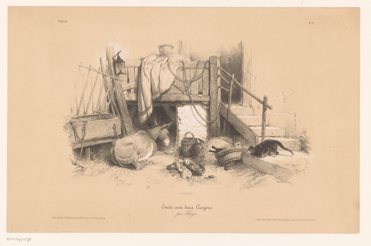 Stall mit Esel, Katze und Maus von Fortuné Ferogio