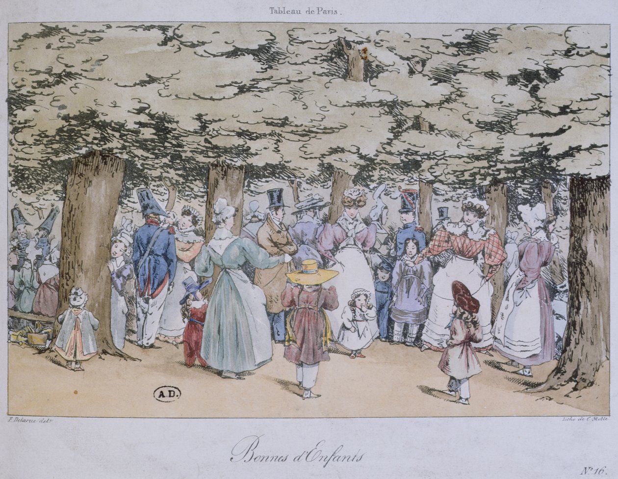 Kinder und Kindermädchen im Park, aus der Serie Tableau de Paris, graviert von C. Motte, 1827 von Fortune Delarue