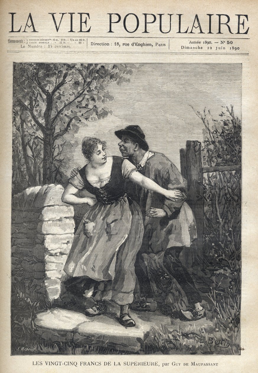 Ein Bauernpaar, der Mann in einer Bluse und Hufen, springt die junge Frau an, die ihn mit einem Lächeln und Licht zurückstößt. Illustration von E. Bertin für Les vingt-cinq francs de la supérieure von Guy de Maupassant (1850-1893). Gravur von Fortune Meaul von Fortune Louis Meaulle