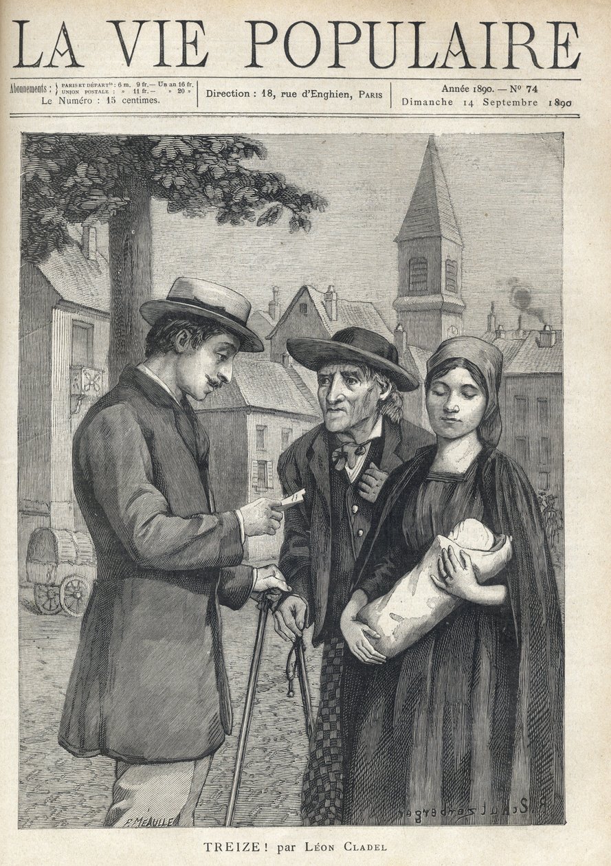 Eine Krankenschwester hält ein neugeborenes Kind, begleitet von ihrem Vater, einem alten Bauern mit entschlossenem Blick, trifft auf einen Mann aus dem Bürgertum, der sorgfältig ein Papier liest, auf dem Platz eines Provinzdorfes. Illustration von Rene Sch von Fortune Louis Meaulle
