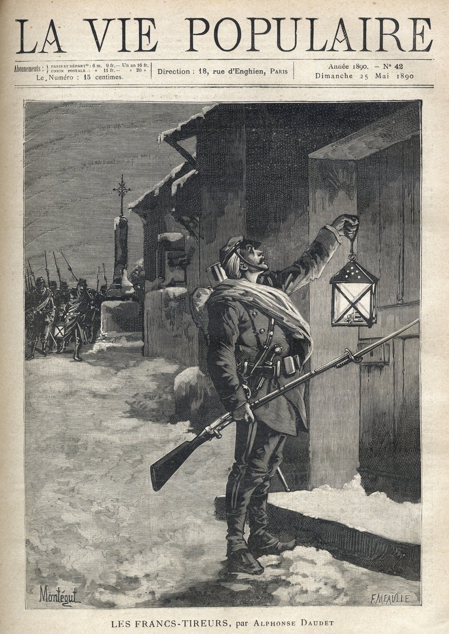 Ein Soldat, der seine gesamte Ausrüstung trägt, ein Bajonettgewehr und eine Laterne vor der geschlossenen Tür eines Stadthauses schwenkt. Hinter ihm, in der Nähe des Eisernen Kreuzes, kommt der Rest der Truppe, um sich ihm anzuschließen. Illustration von M von Fortune Louis Meaulle