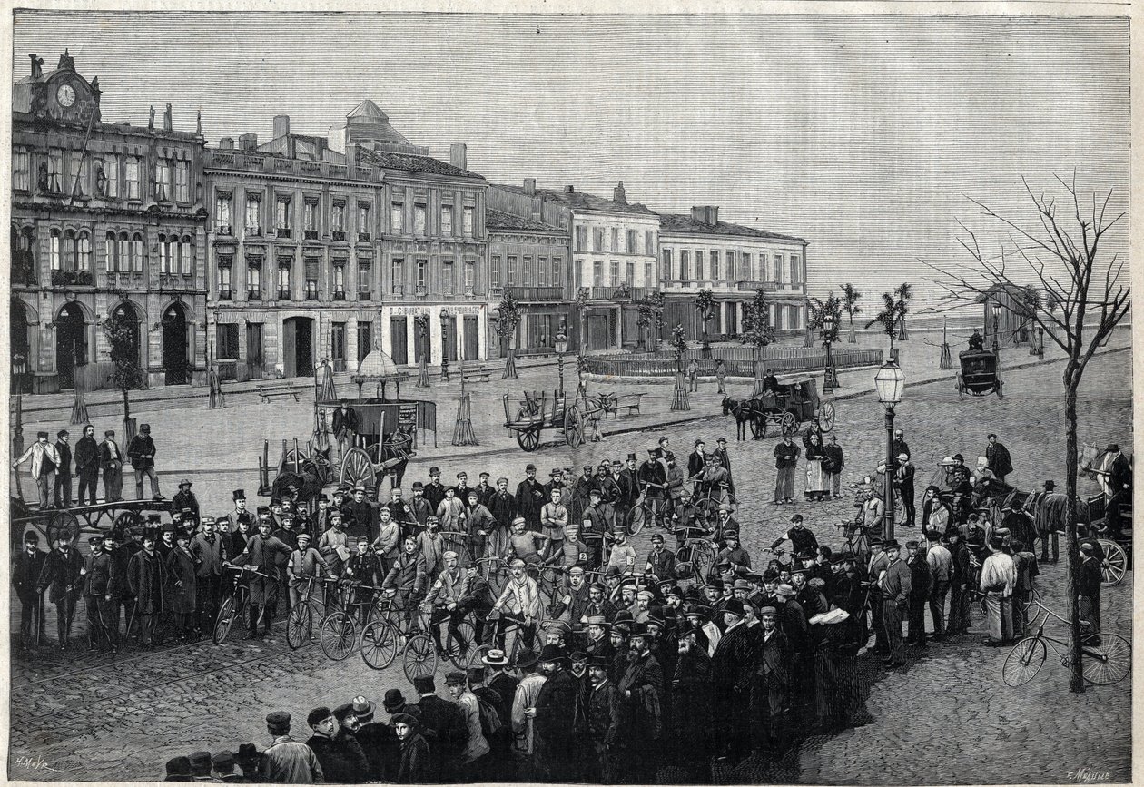 Abfahrt des Bordeaux-Paris-Radrennens 1891 - Gravur von Meaulle 1891 von Fortune Louis Meaulle