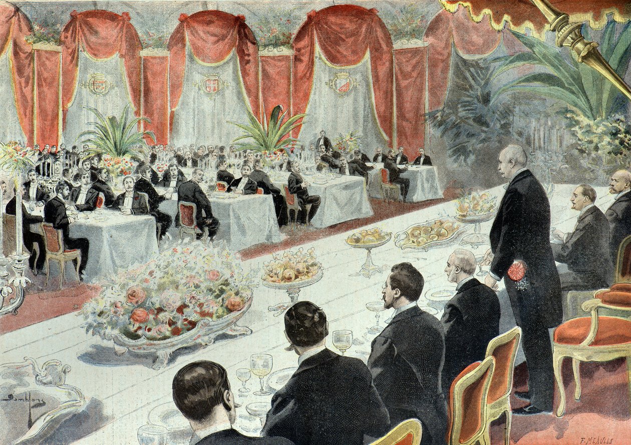 Dinner für Felix Faure von den Vertretern des Handels und der Industrie im Jahr 1897 (Gravur) von Fortune Louis Meaulle