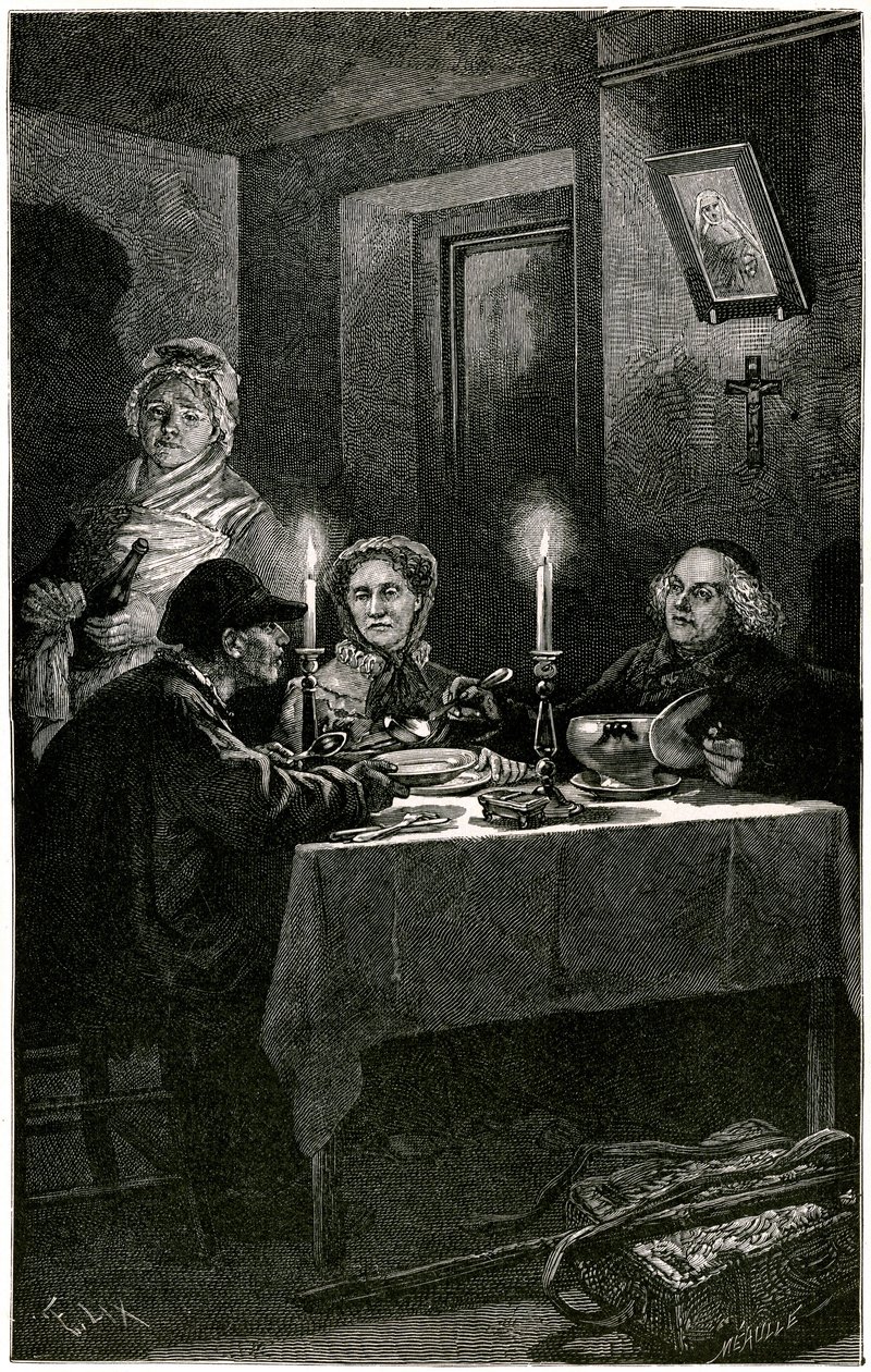 Victor Hugo „Les Misérables“ Illustration von Lix, graviert von Méaulle: der Sträfling und der Bischof. Jean Valjean, dem Bischof Myriel das Krankenhaus angeboten hat, wird seinen letzten Diebstahl begehen: das Silberbesteck seines Gastgebers. Auf dem Tisc von Fortune Louis Meaulle