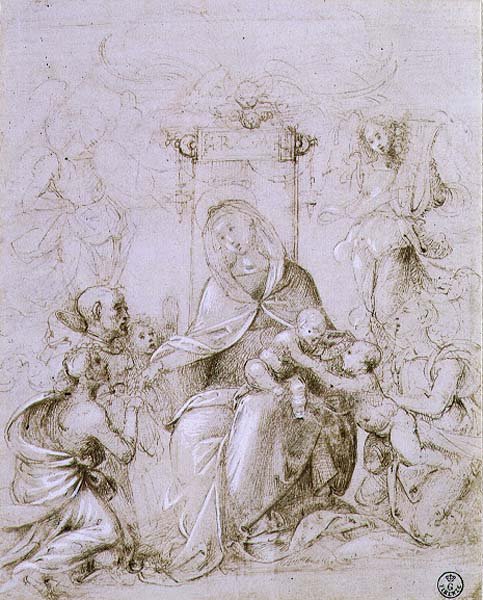 Madonna mit Kind auf dem Thron mit dem Hl. Johannes dem Täufer, präsentiert von einem Engel und der Hl. Monika von Fra Bartolomeo
