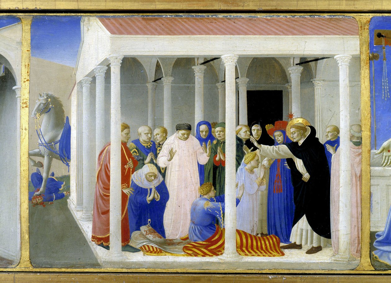 Die Heilige Dominica (1170 - 1221) erweckt Napoleone Orsini zum Leben, der untere Teil (die Predella) der „Krönung der Jungfrau“ zeigt Christus am Grab und sechs Episoden aus dem Leben der Heiligen Dominica, Gründerin des Ordens, zu dem der Angelicode gehö von Fra  Angelico