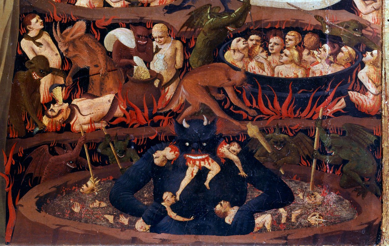 Das Jüngste Gericht: Detail der Unterwelt. Verdammte in den Höllenkreisen, Folterungen durch Dämonen. Detail einer Temperamalerei auf Holz von Fra  Angelico