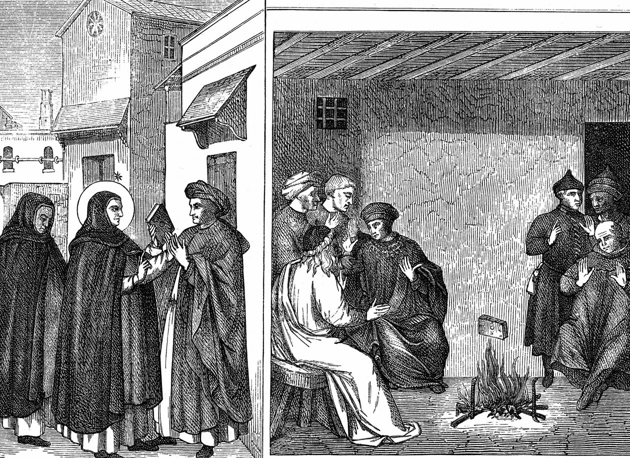 Albigenser-Häresie. St. Dominikus übergibt einem Albigenser-Gesandten ein Buch, das den 