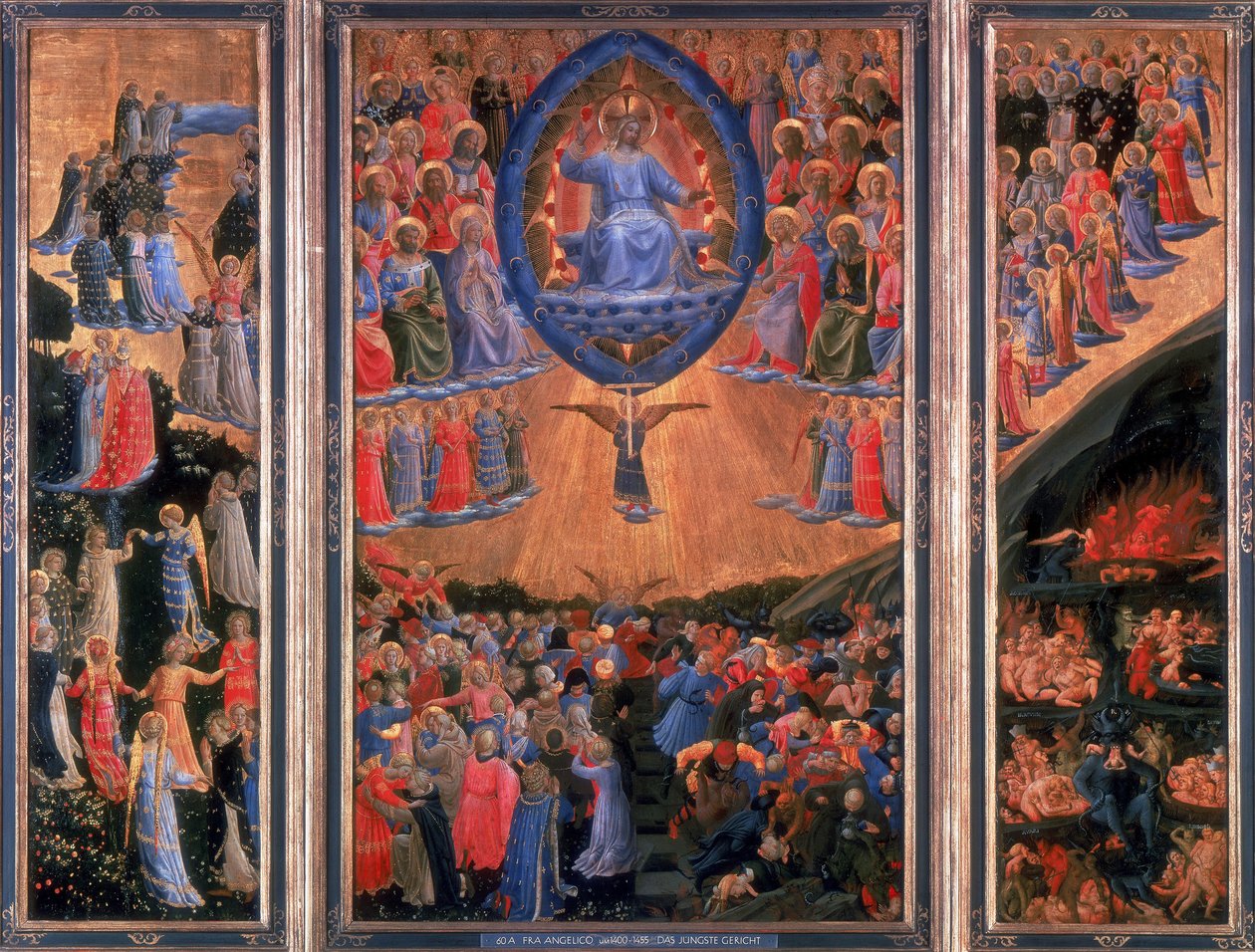 Das Jüngste Gericht. Himmel links, Hölle rechts. Christus sitzt im zentralen Panel in der Mitte. Fra Angelico (1400-1455) florentinischer Maler. Triptychon. Tempera auf Holz. Staatliche Museum, Berlin. von Fra (c.1400 55) Angelico