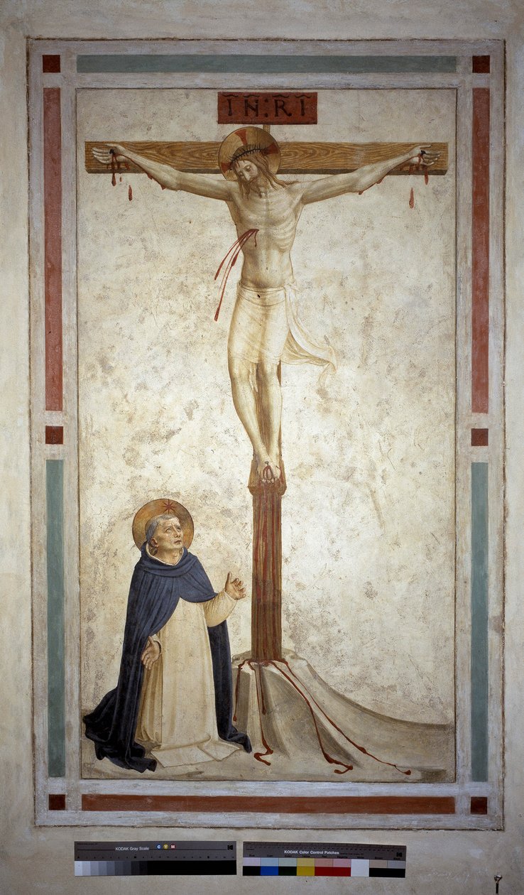 Kreuzigung mit dem heiligen Dominikus. Inschrift "INRI" auf dem Kreuz. Fresko von Guido di Pietro von Fra Angelico