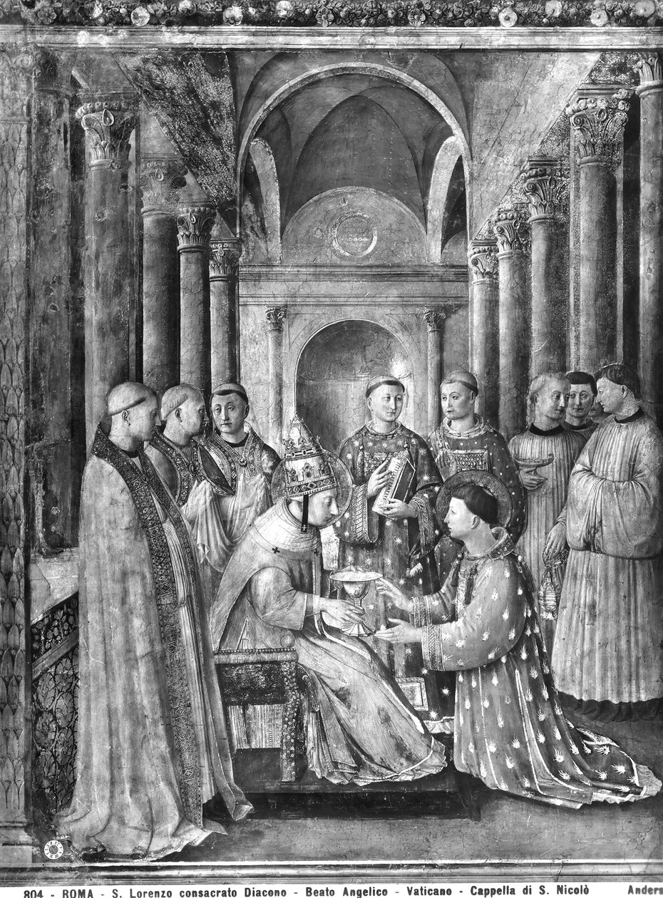 Papst Sixtus II. (gest. 258) verleiht dem Hl. Laurentius (gest. 258) das Diakonat aus der Kapelle von Nikolaus V. von Fra Angelico