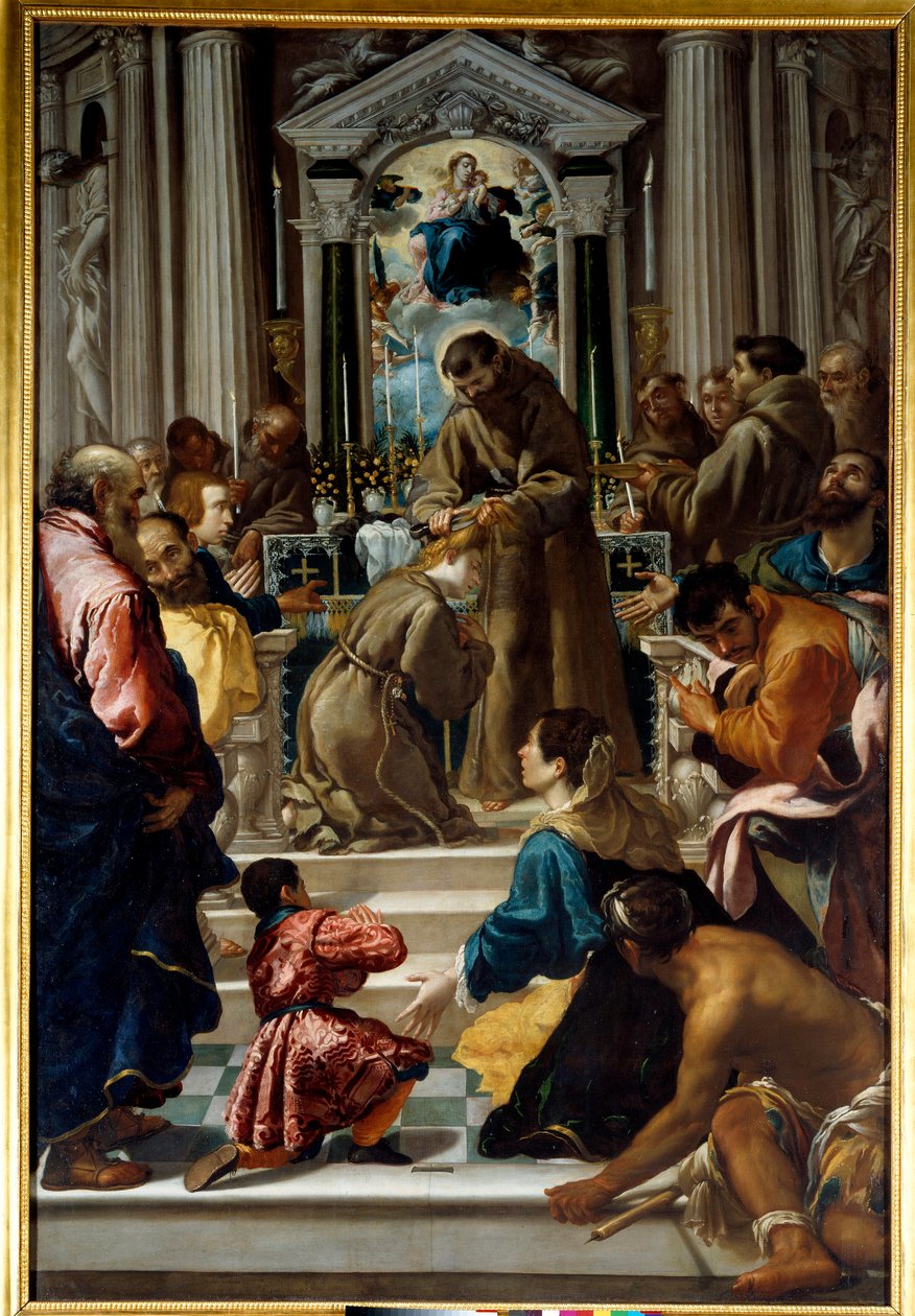 Der heilige Franz von Assisi (1181-1223) schneidet das Haar der heiligen Klara (1193-1253) von Fra Semplice da Verona