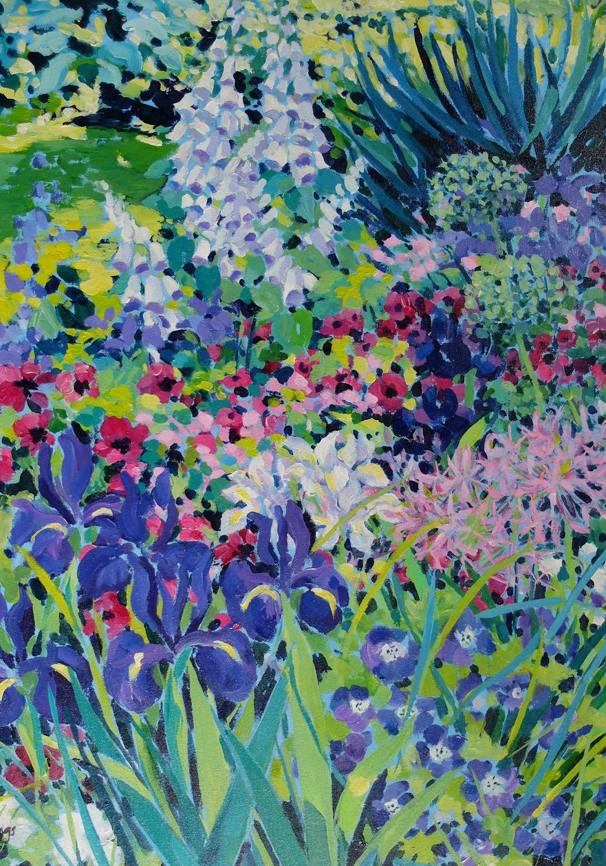 Frühsommergrenze (Iris und weiße Fingerhüte), 2022 von Frances Naggs