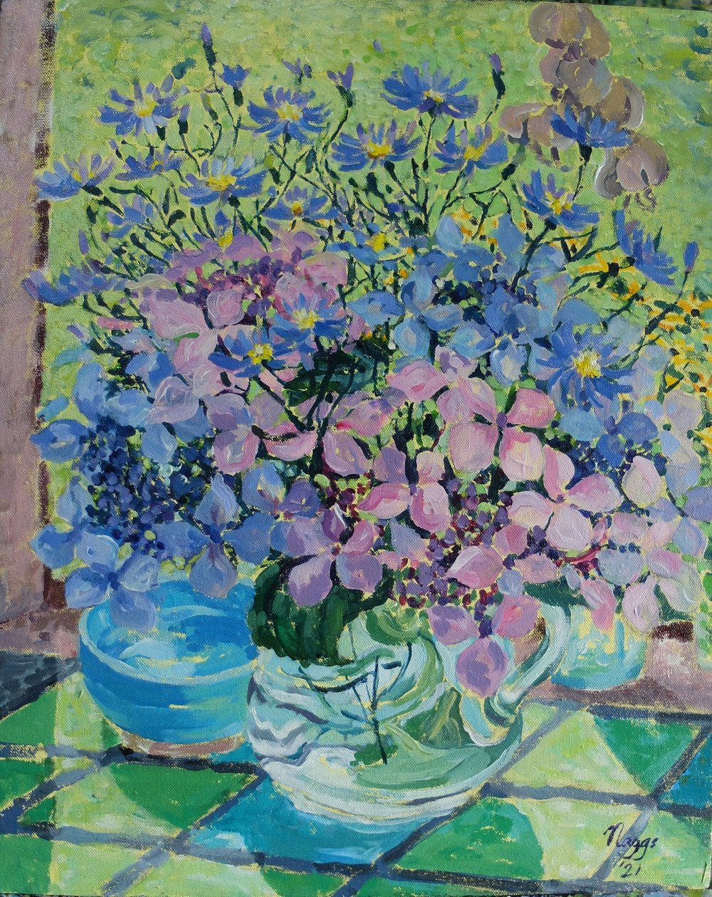 Hortensien und Michaelmas-Gänseblümchen, 2021 von Frances Naggs