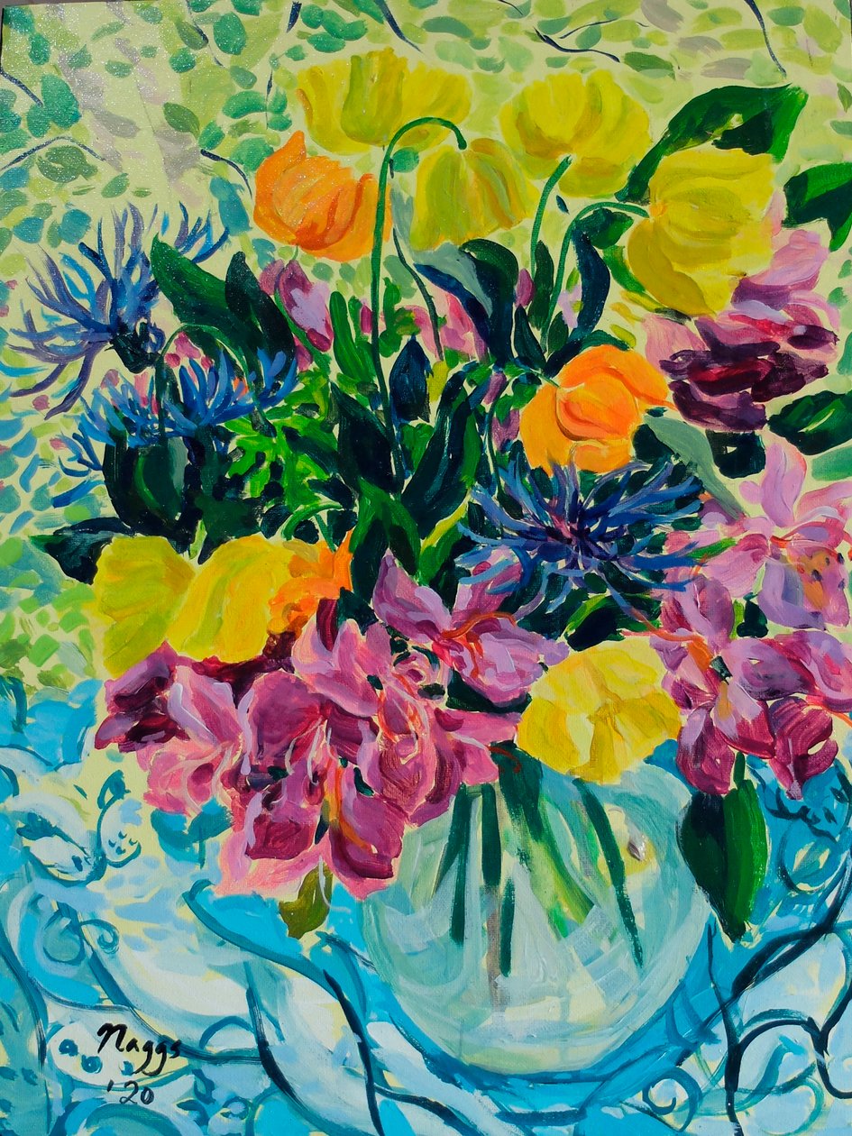 Frühlingsstrauß (Rhododendron und walisische Mohnblumen), 2020 von Frances Naggs