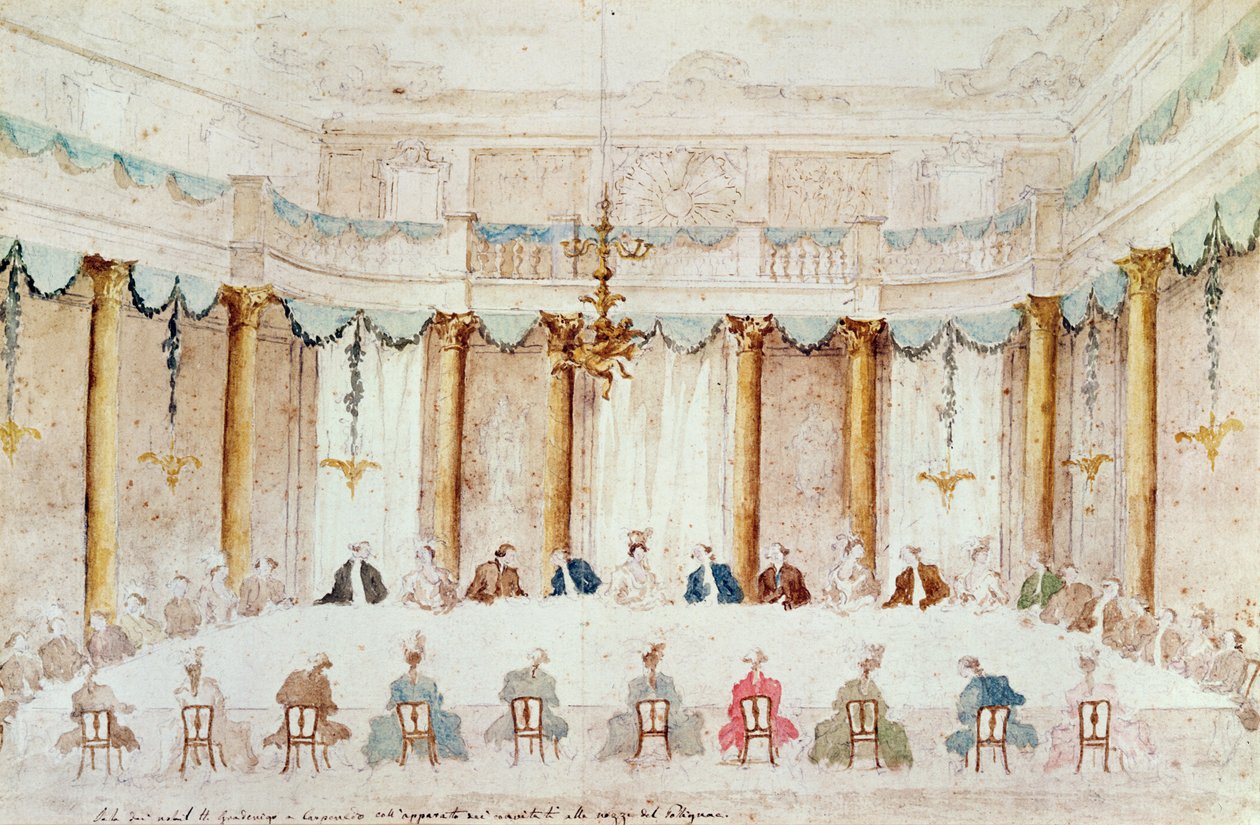 Festliches Abendessen zur Feier der Hochzeit von Armand, Herzog von Polignac, mit der Baronin Idalia von Neukirchen in der Villa Gradenigo, Carpenedo von Francesco Guardi