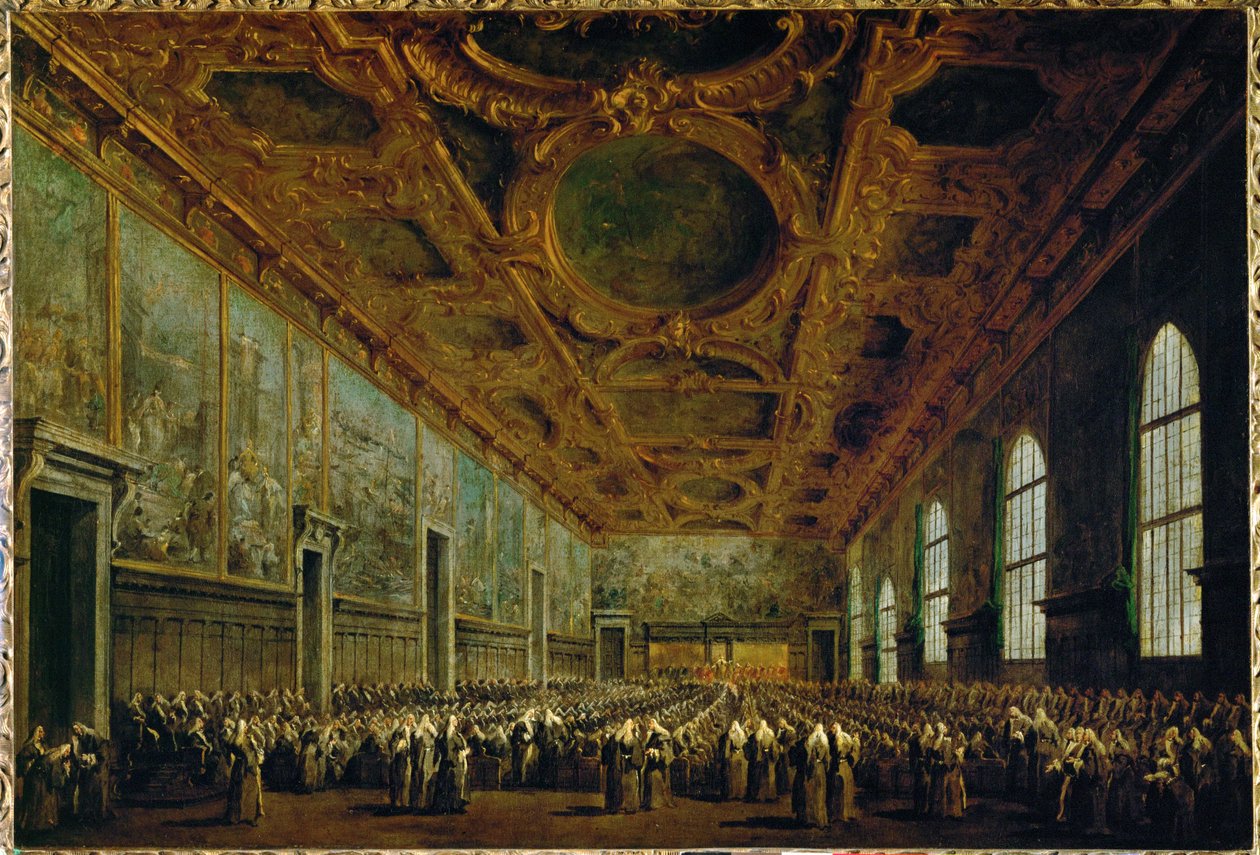 Nach seiner Wahl dankt der Doge dem Großen Rat im Großen Ratssaal des Dogenpalastes in Venedig, Italien von Francesco (circle of) Guardi
