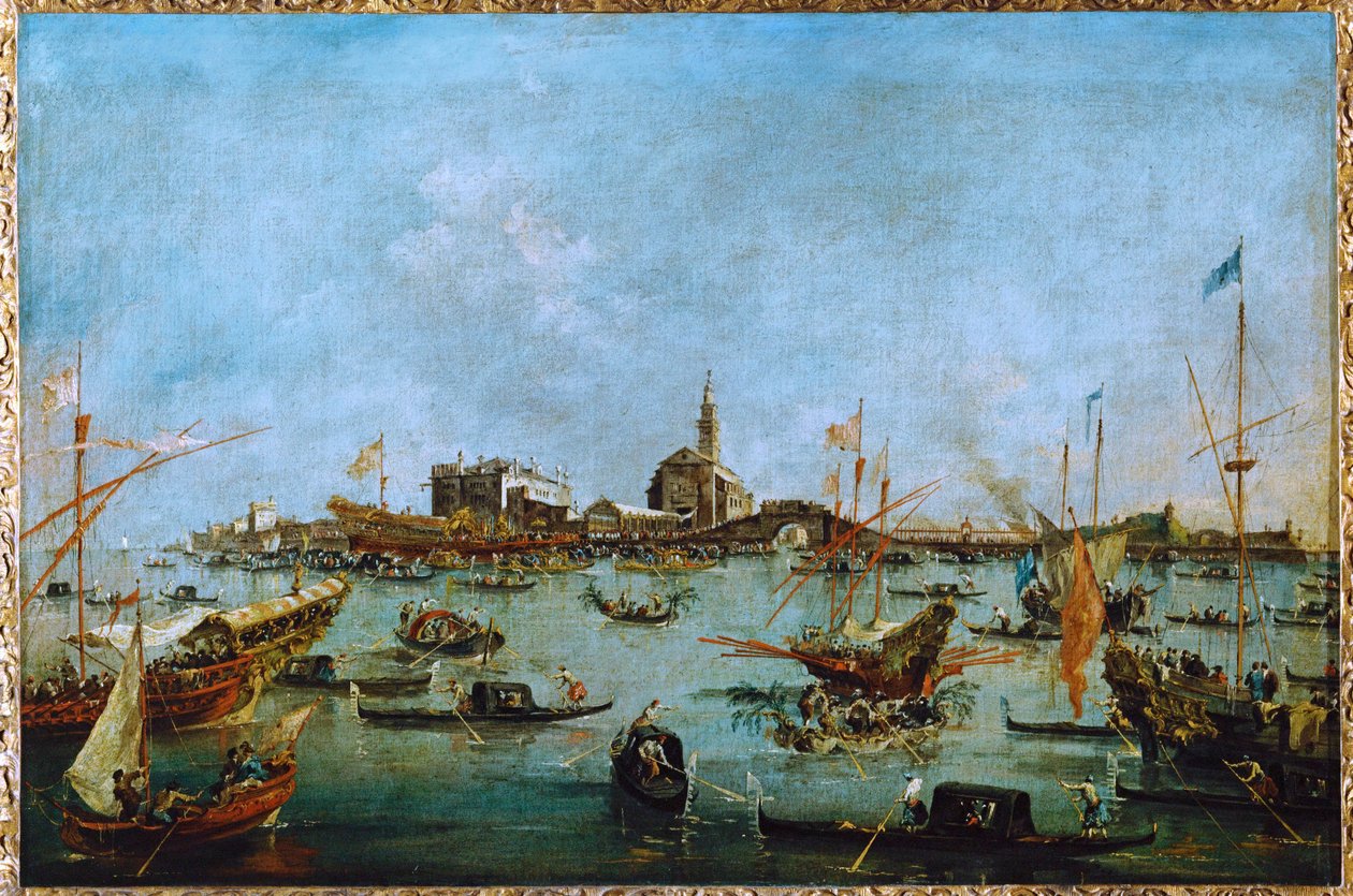 Der Doge in seiner goldenen Gondel, der Bucintoro, passiert San Niccolo del Lido von Francesco (circle of) Guardi
