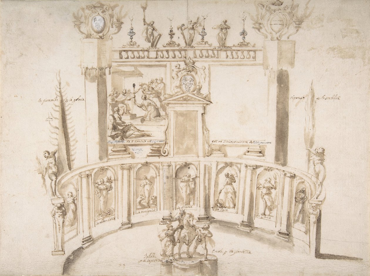 Entwurf für ein Gartenfest mit einer halbkreisförmigen Mauer und Statuen in Nischen, ca. 1635-79 von Francesco Allegrini