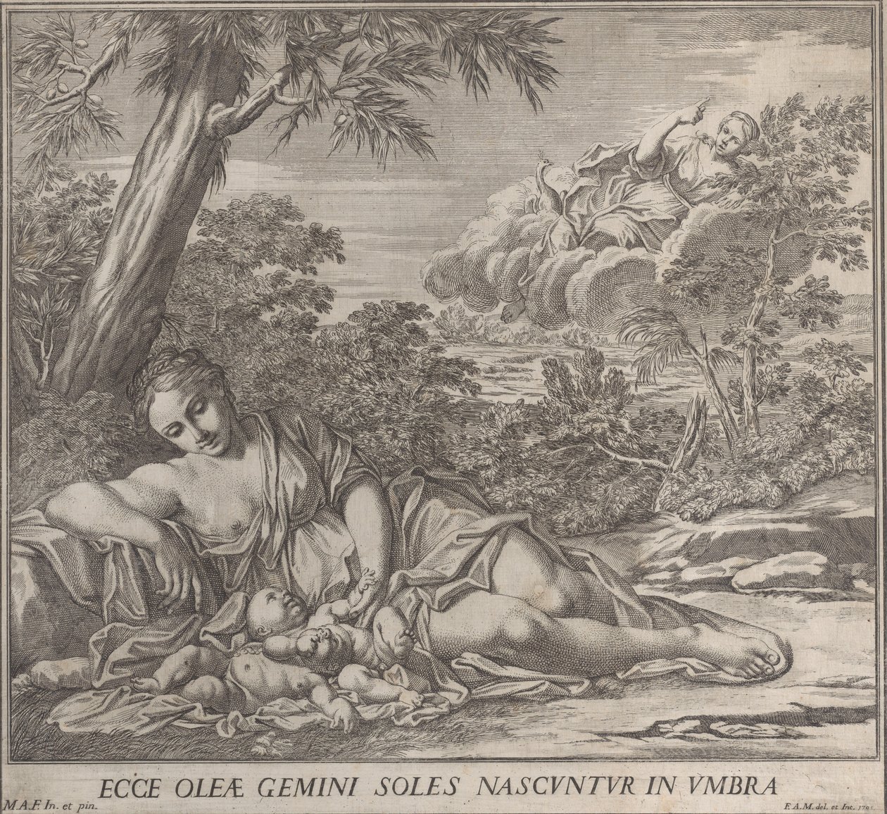 Latona und ihre schlafenden Zwillinge, Apollo und Diana, in einer Landschaft, 1705 von Francesco Antonio Meloni