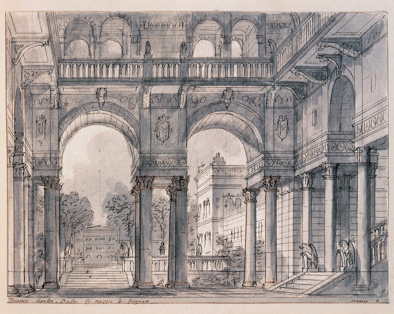 Szenografie für die zweite Szene von „Die Hochzeit des Figaro“ (Le nozze di Figaro) von Wolfgang Amadeus Mozart, inszeniert vom Bühnenbildner Francesco Bagnara (1820-1839), Venedig, Museo Correr von Francesco Bagnara