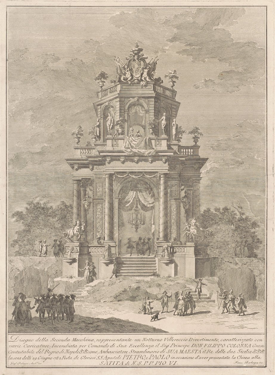 Die Seconda Macchina für die Chinea von 1782: Ein ländliches Fest bei Nacht von Francesco Barbazza, after Giuseppe Palazzi