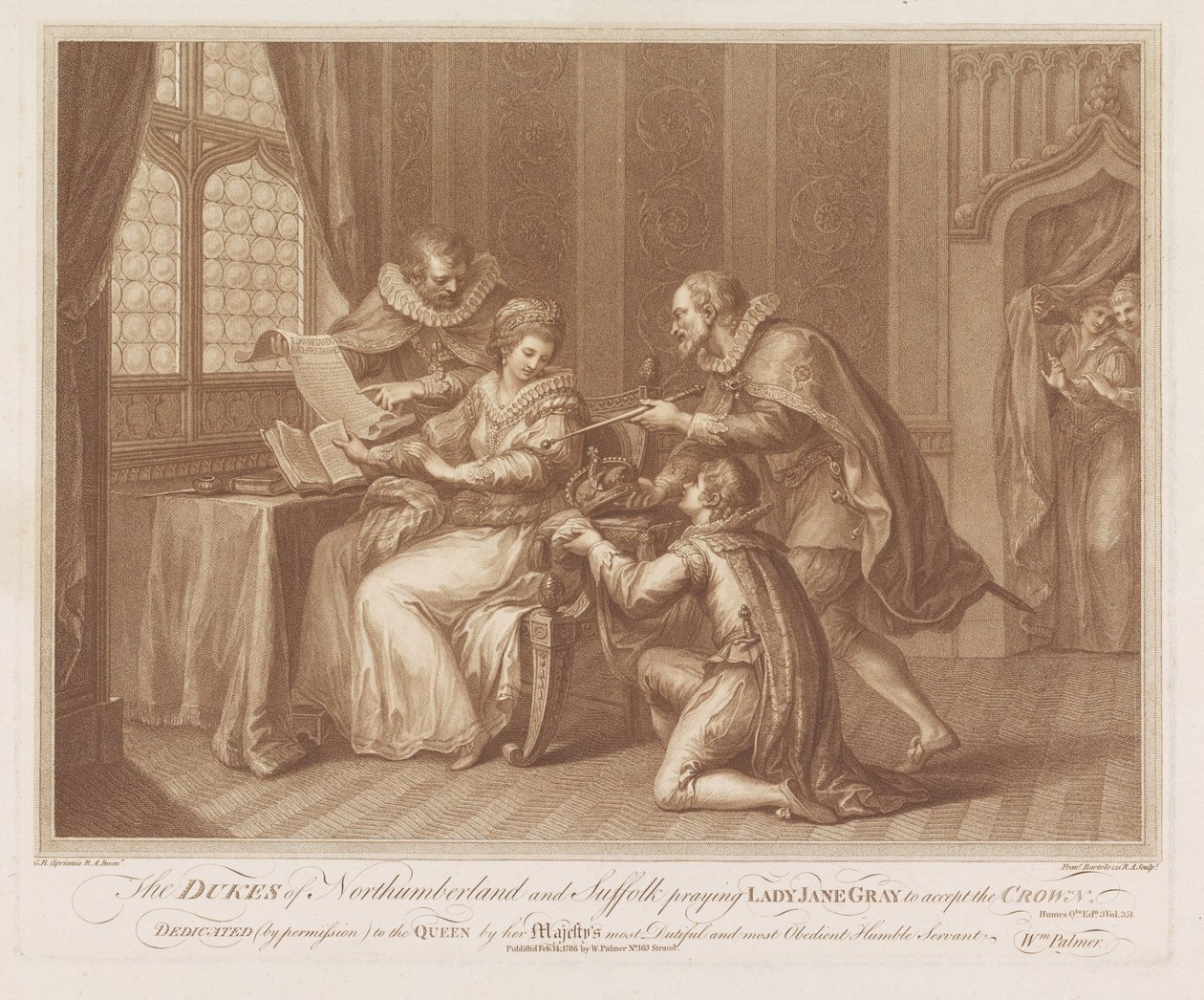 Herzöge von Northumberland und Suffolk bitten Lady Jane Grey, die Krone anzunehmen von Francesco Bartolozzi
