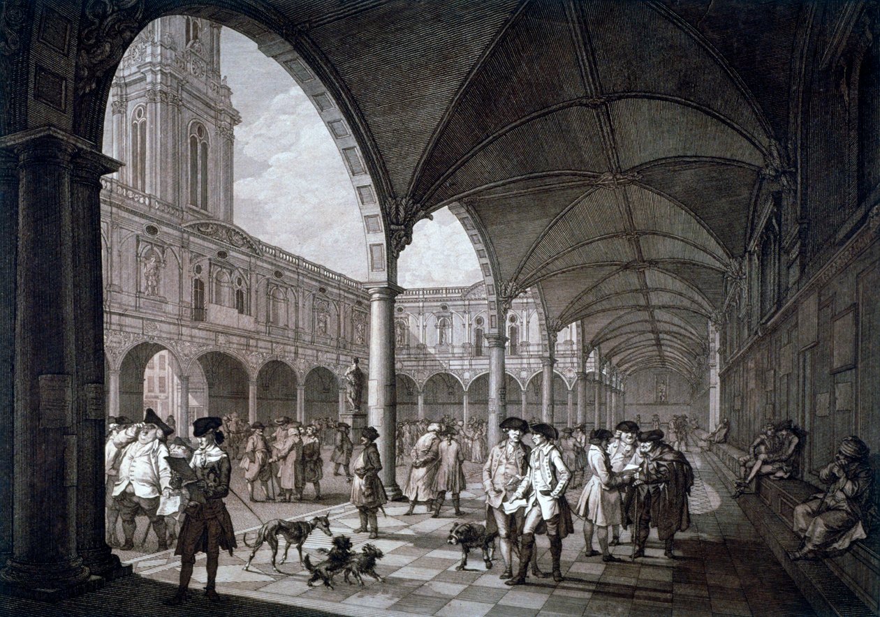 Ansicht des Innenhofs der Royal Exchange mit Kaufleuten und Maklern, City of London, 1788 von Francesco Bartolozzi