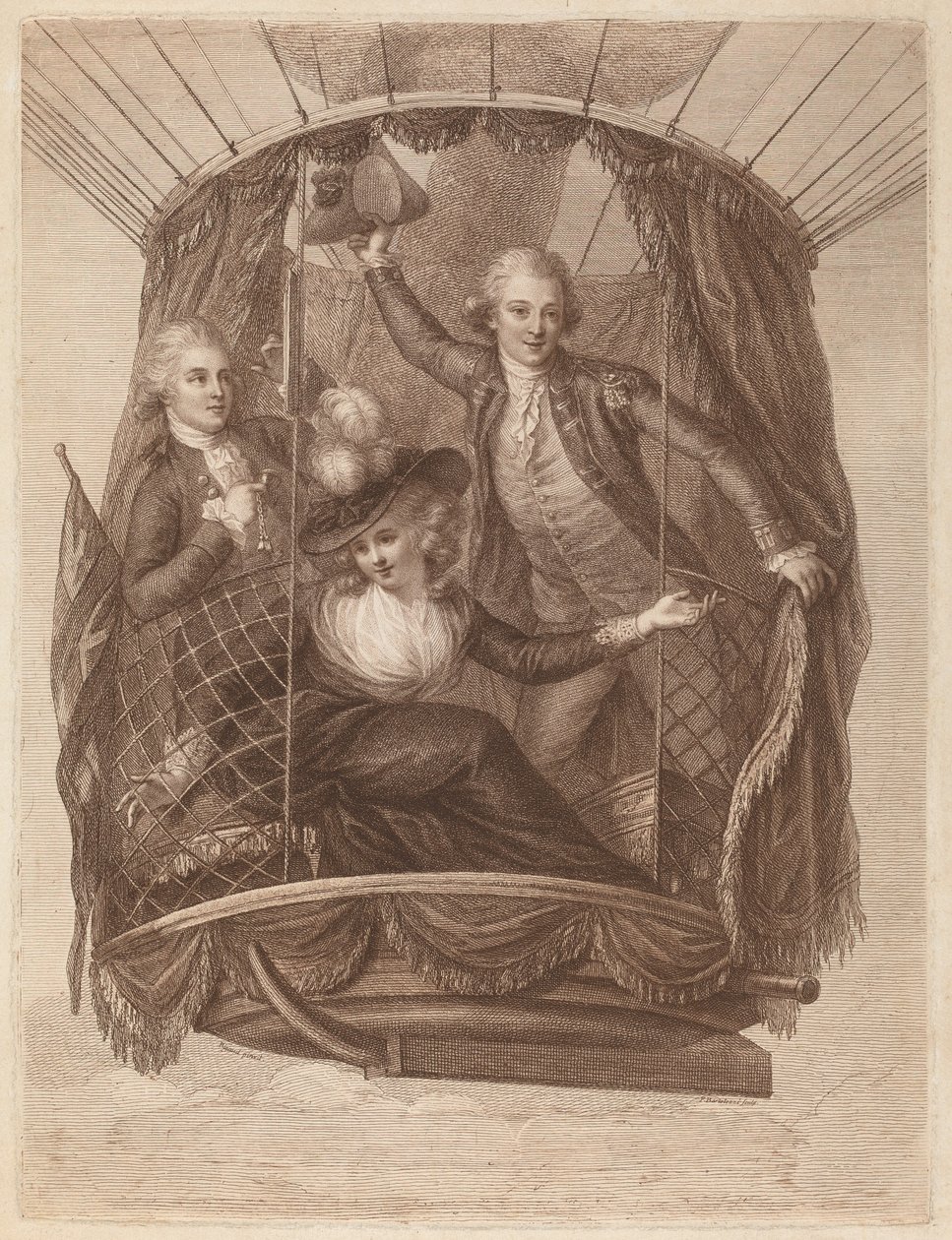 Der berühmte Vincent Lunardi Esq. begleitet von zwei Freunden auf seinem dritten Luftausflug, aufgenommen von St. George