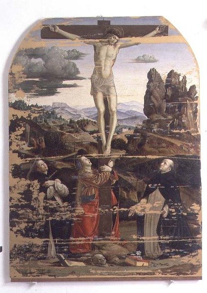 Kreuzigung mit St. Dominikus, St. Maria Magdalena und St. Peter Martyr von Francesco Bianchi Ferrari