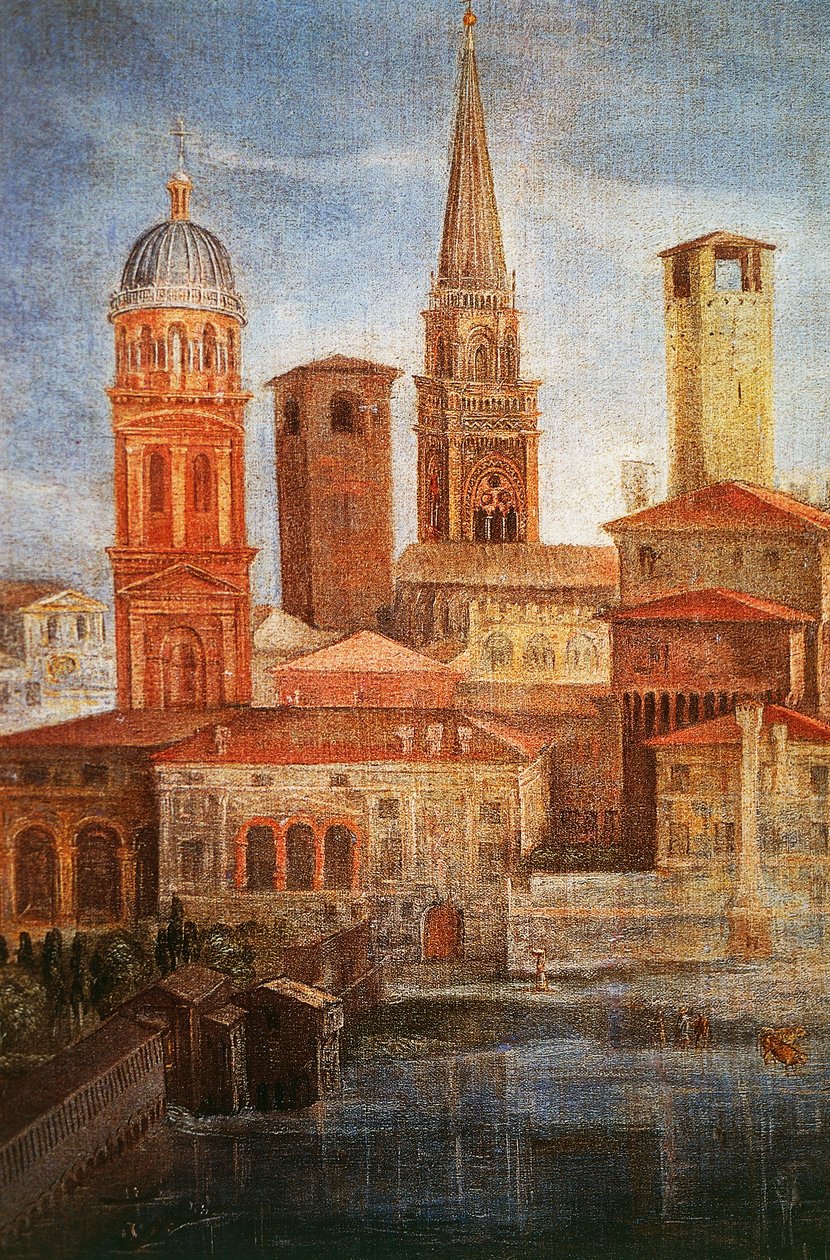 Ansicht von Mantua, Detail von St. Franziskus betet zur Jungfrau Maria, um die Epidemie zu beenden, ca. 1618 von Francesco Borgani (1557-1624) von Francesco Borgani