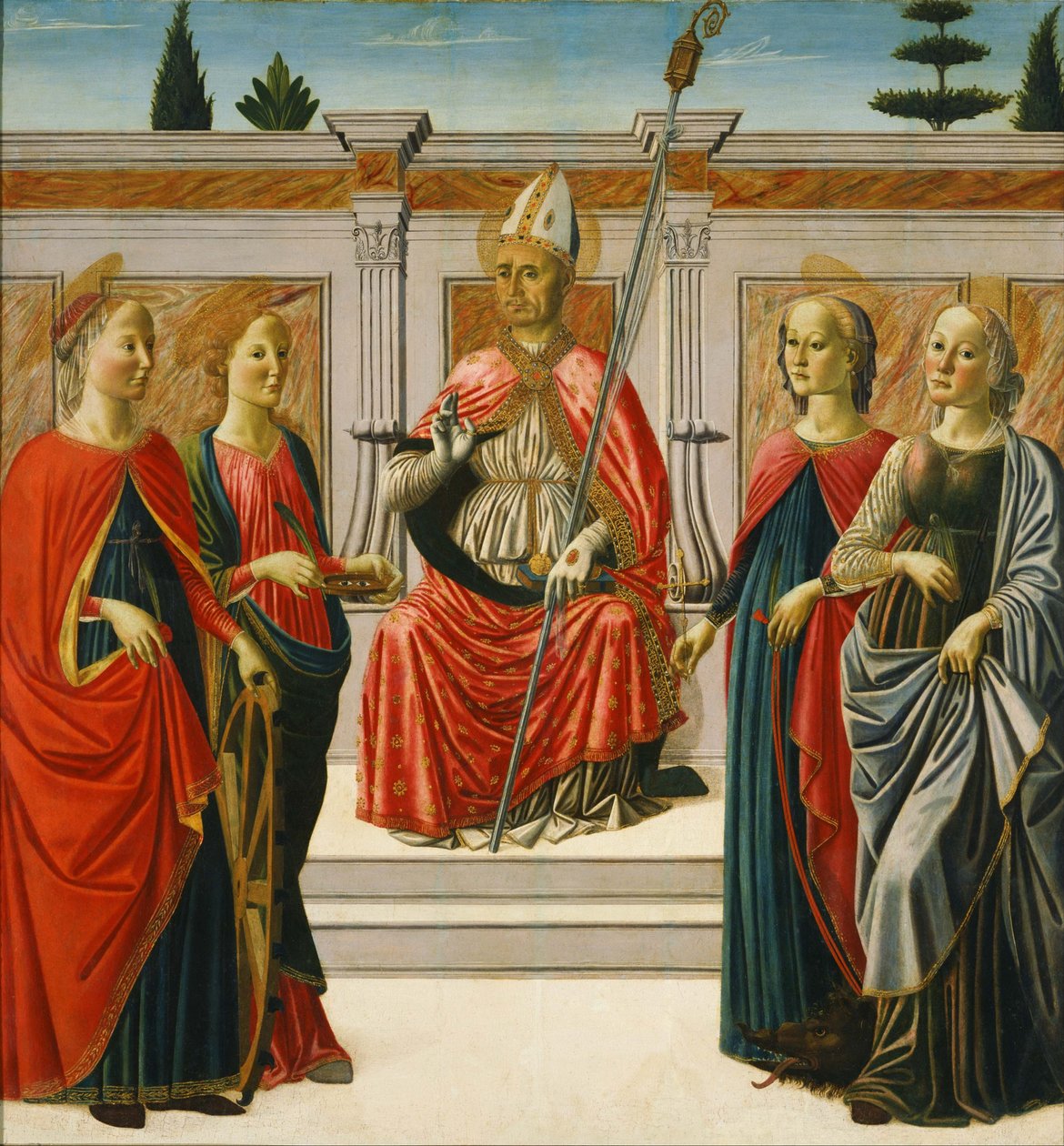 Heiliger Nikolaus und die Heiligen Katharina, Lucia, Margareta und Apollonia von Francesco Botticini