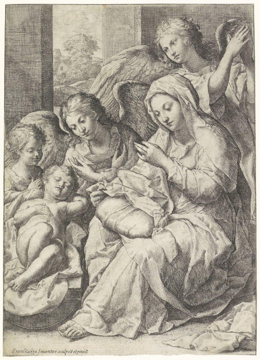 Maria und das schlafende Jesuskind, umgeben von Engeln von Francesco Cozza