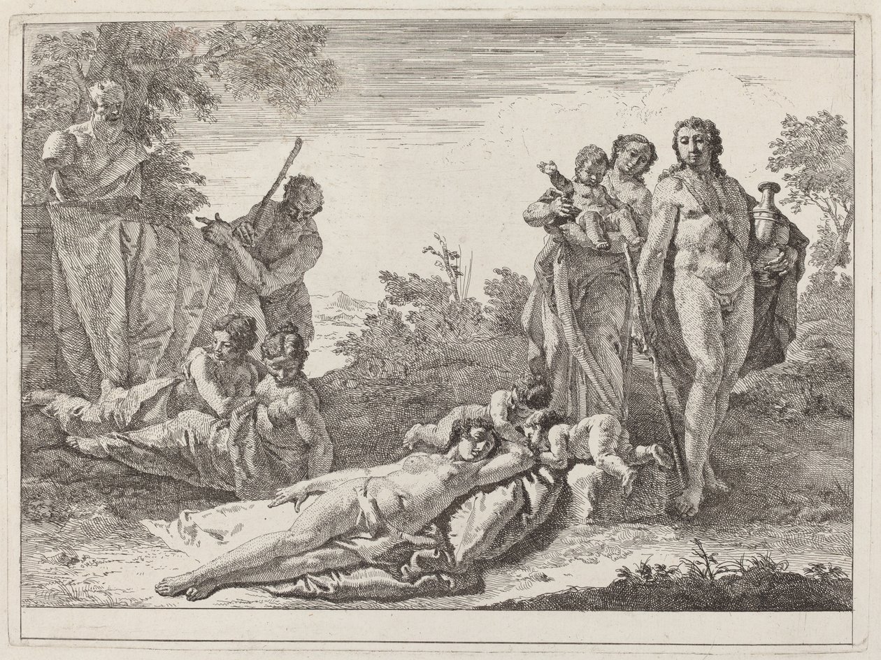 Apollo und Nymphen in einer Landschaft mit einer Büste des Pan von Francesco Fontebasso