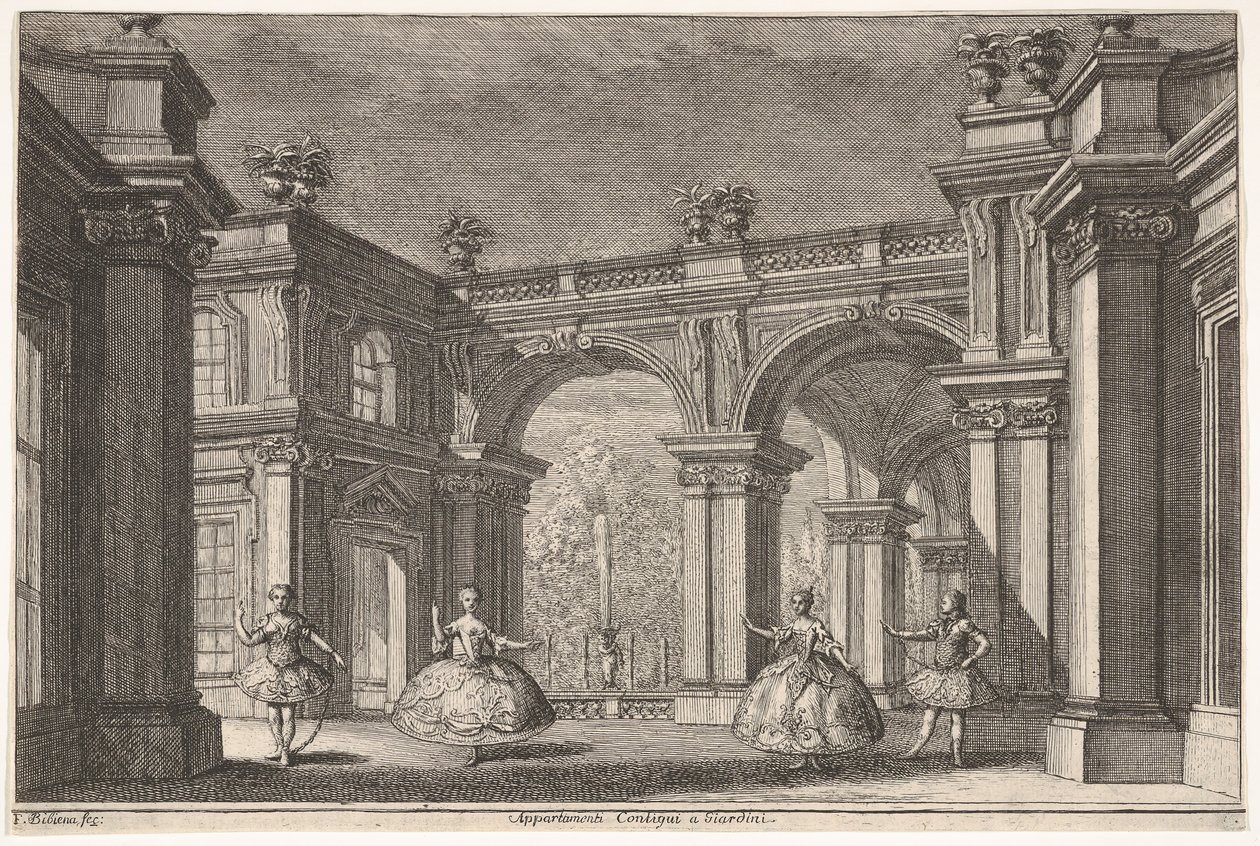 Zwei Damen und zwei Herren tanzen in einer prunkvollen architektonischen Umgebung, ein Brunnen..., 1765 von Francesco Galli Bibiena