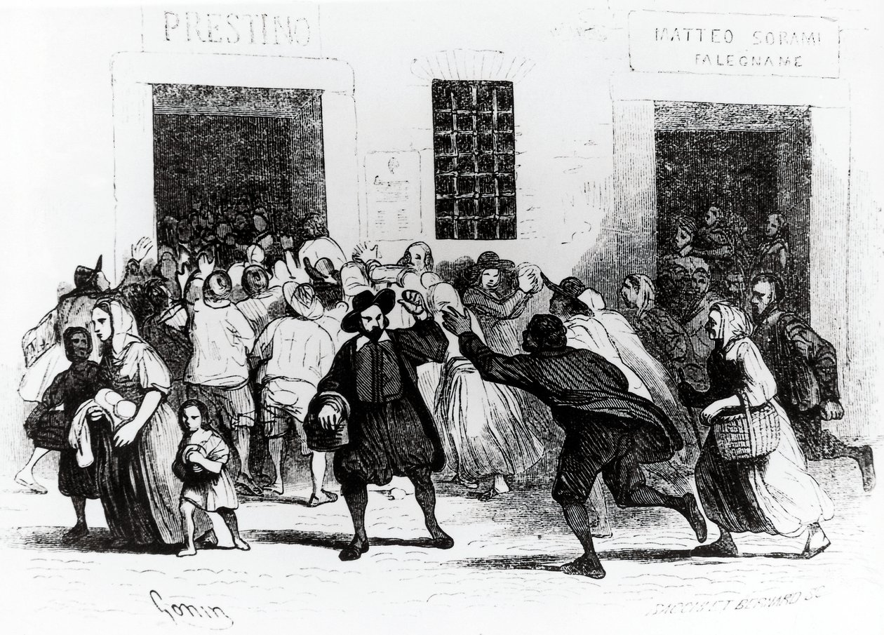 Die Plünderung der Bäckerei der Krücken, Episode aus Die Verlobten, von Alessandro Manzoni, Illustration von Francesco Gonin, Ausgabe 1840 von Francesco Gonin