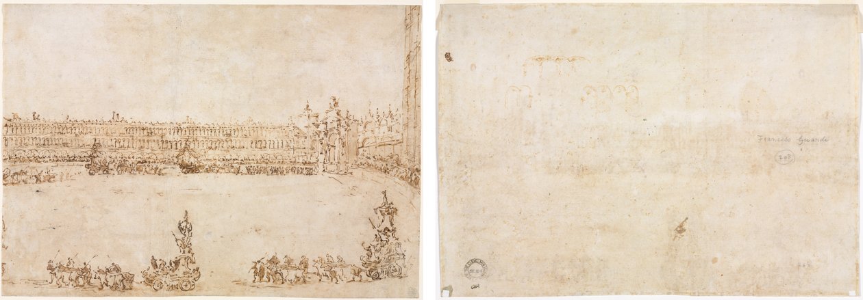 Einzug von Triumphwagen auf der Piazza San Marco, Venedig, zur Feier des Besuchs der Conti del Nord (recto) Drei Skizzen von Bögen (verso) von Francesco Guardi