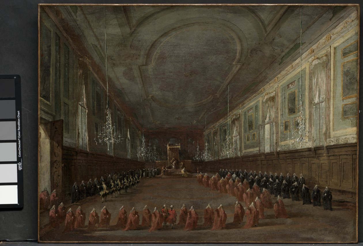 Papst Pius VI. verlässt den Thron, um sich vom Dogen in der Halle von SS. Giovanni e Paolo zu verabschieden, 1782 und Pontifikalzeremonie in SS. Giovanni e Paolo, Venedig, 1782, ca. 1783 von Francesco Guardi
