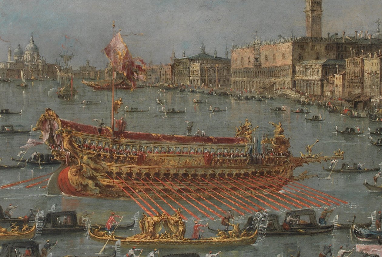 Das Bucintoro-Fest in Venedig. Das Bacino di S. Marco mit dem Bucintoro, der Staatsbarke des Dogen, am Himmelfahrtstag (Detail) von Francesco Guardi