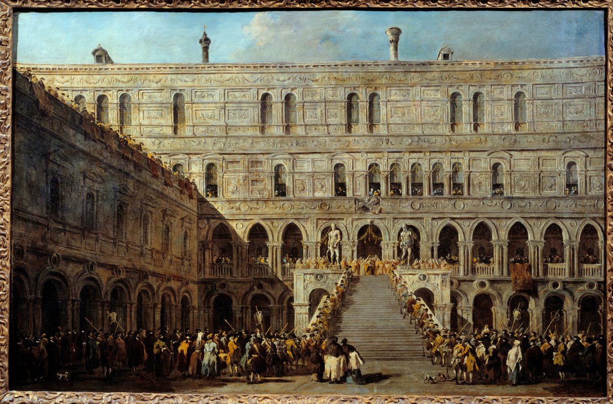 Die Krönung des Dogen von Venedig auf der Treppe der Giganten im Dogenpalast. Gemälde von Francesco Guardi (1712-1793), zwischen 1766 und 1770 von Francesco Guardi