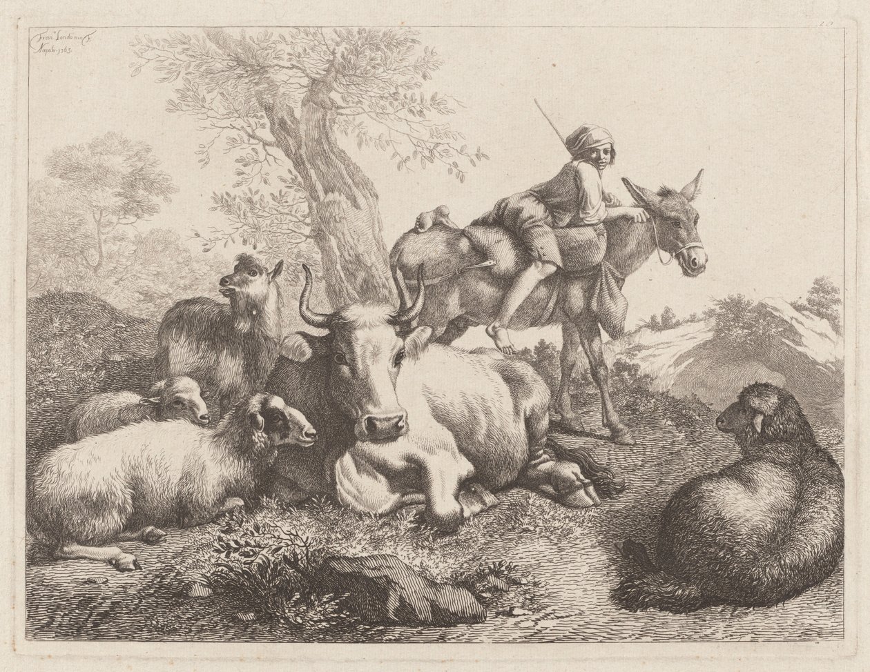 Junge auf einem Esel, der eine Gruppe von Tieren bewacht, 1763 von Francesco Londonio
