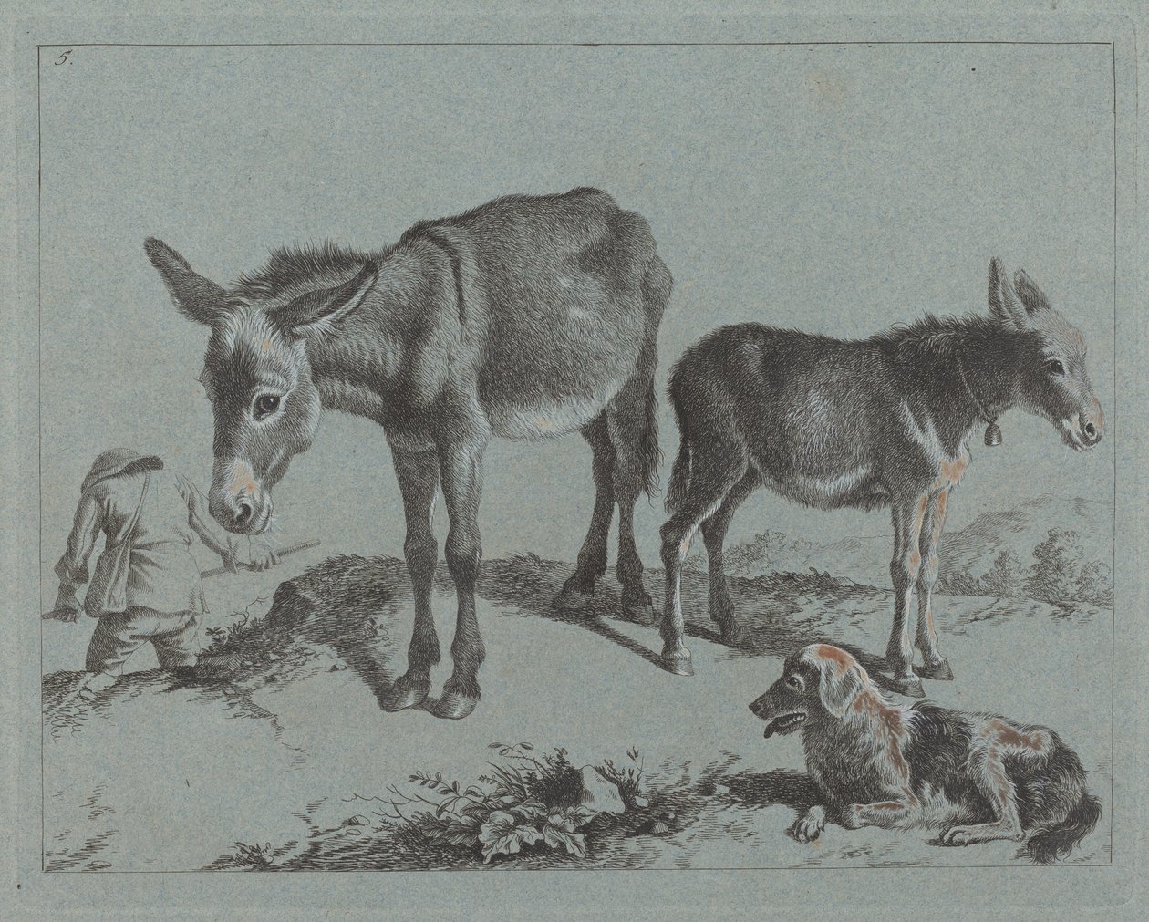 Esel mit ihrem Fohlen, einem Hund und einem Bauern von Francesco Londonio