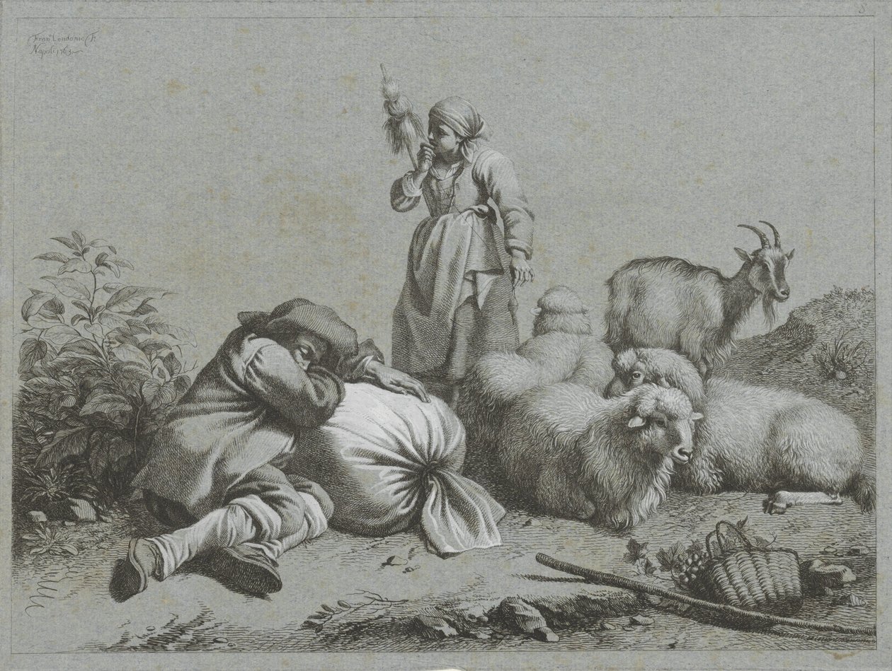 Hirte und Hirtin mit Schafen und Ziege (Hirtenszenen) von Francesco Londonio