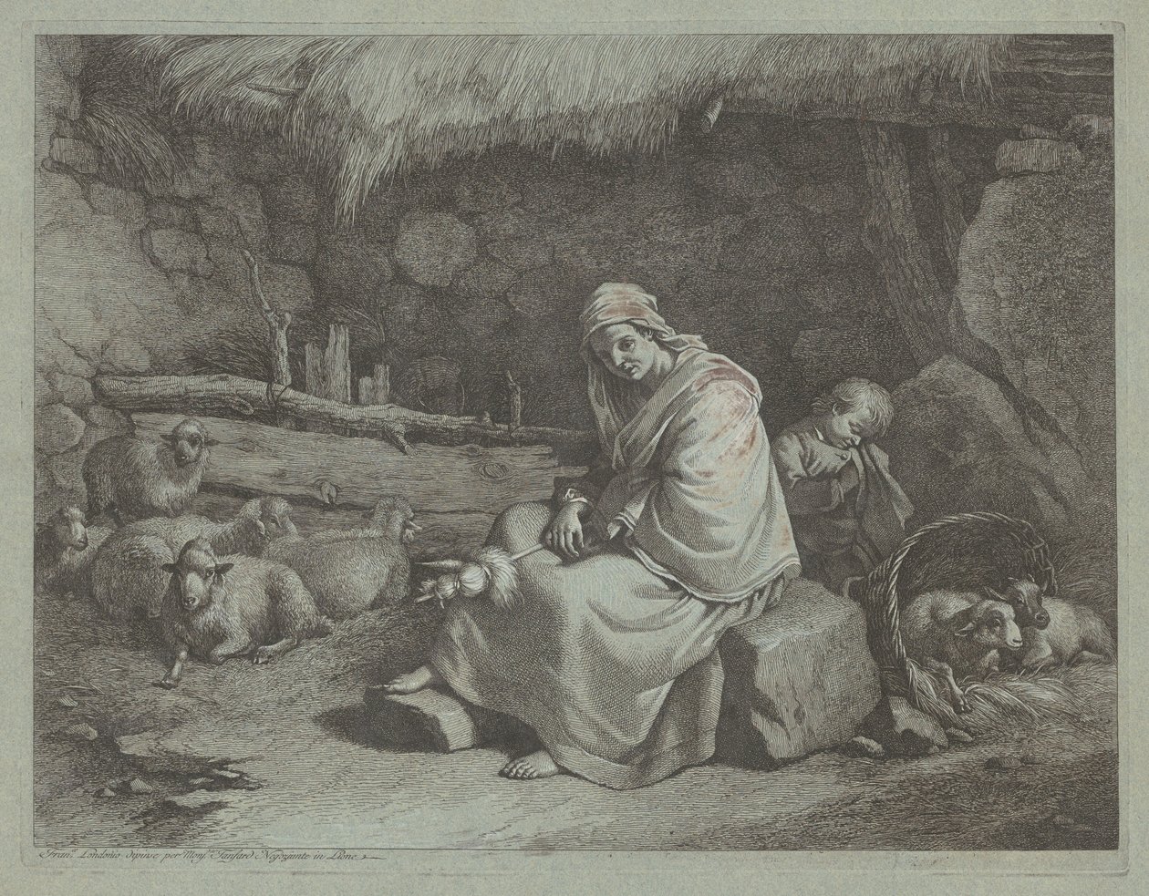Innenraum eines Stalls mit sitzender Spinnerin und schlafendem Kind, 1759-1782 von Francesco Londonio