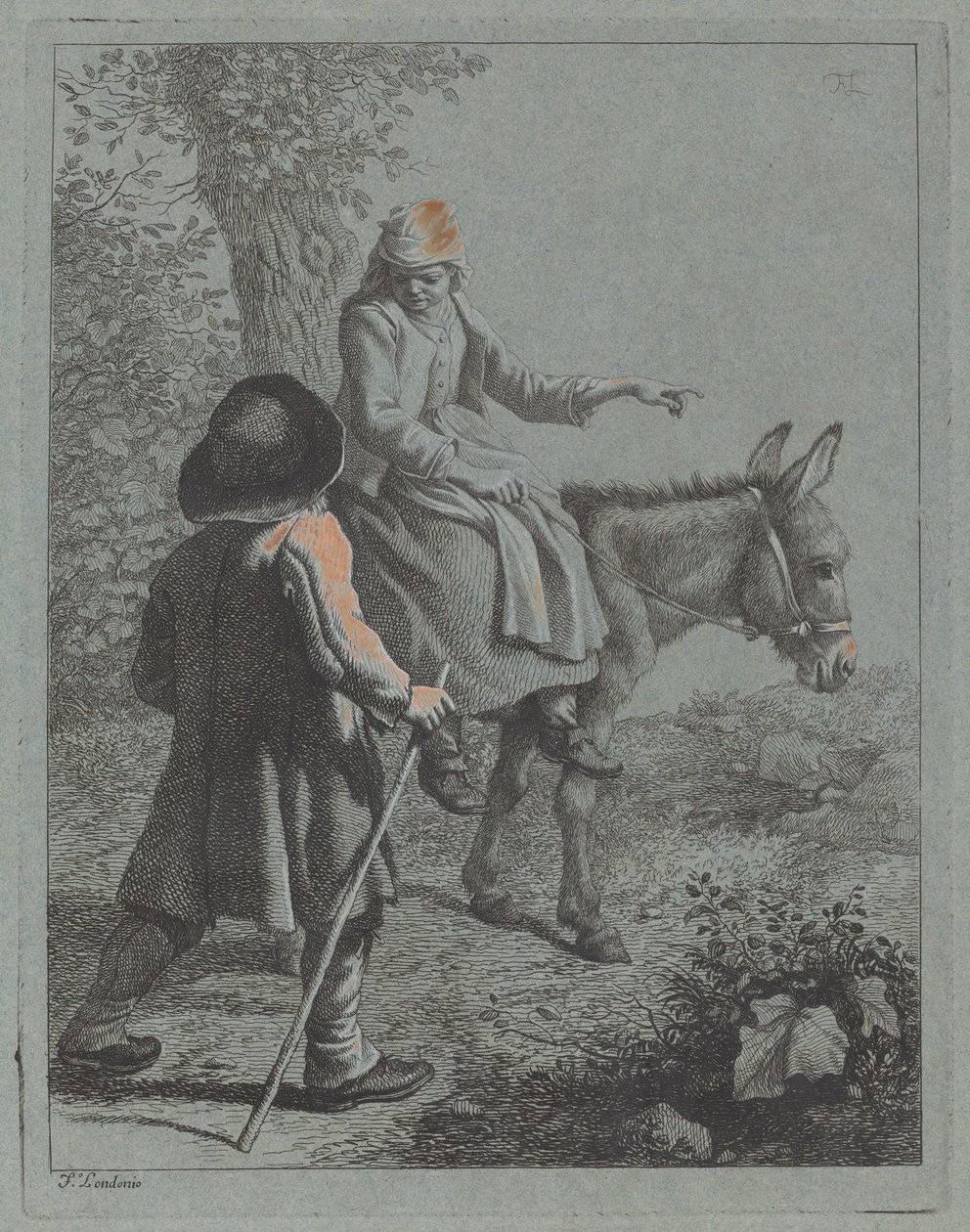 Bäuerin auf einem Esel sitzend und ein Bauer von Francesco Londonio