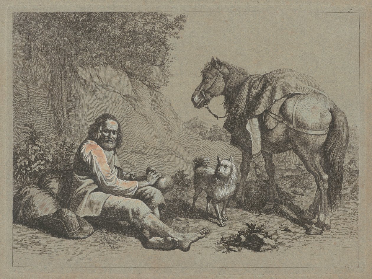 Sitzender alter Mann, der aus einem Kürbis trinkt, ca. 1763 von Francesco Londonio